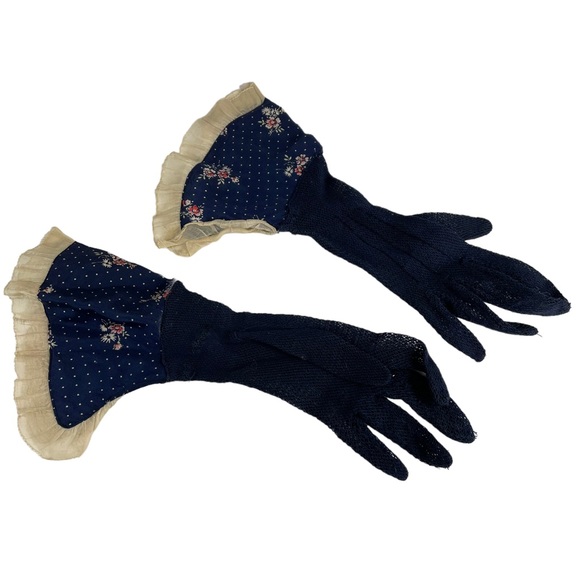 Vintage 1940s Elegant Floral Silk Mesh Dainty Small Sized Navy Blue Pink Flowers - Picture 2 of 16